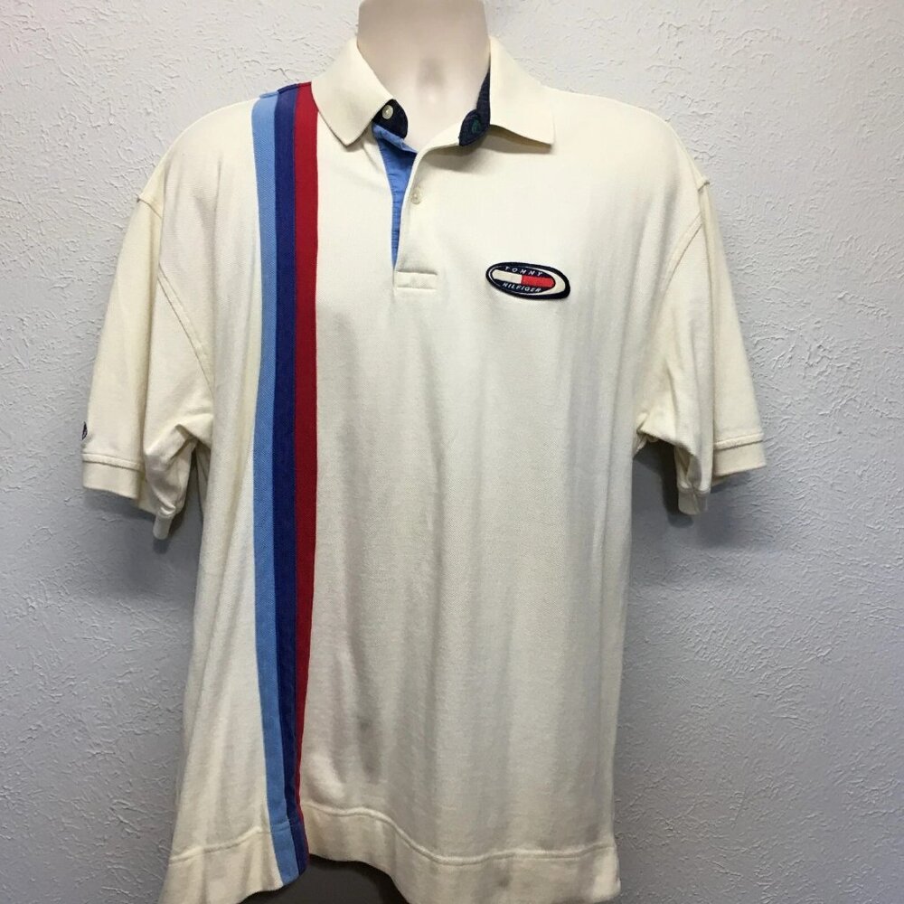 Vintage Tommy Hilfiger Polo Shirt‎ Mens Large Cream 3 Stripe Preppy 90s